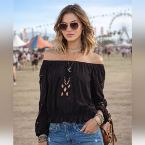 Free People Black Cutout Off Shoulder Top Boho Festival Peasant Blouse